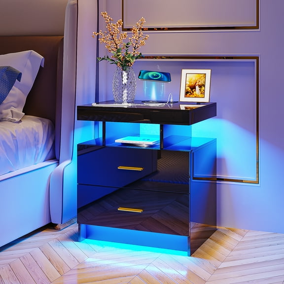 HNEBC Auto LED Nightstand with Wireless Charging Station & USB Ports High Gloss Bedside Tables with 2 Drawers Floating Nightstand with 3 Color & Adjustable Brightness Embedded LED