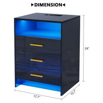 HNEBC Black Nightstand with Wireless Charging Station and Lights, 3 Drawers, Modern Bedside Table with Human Sensor for Bedroom