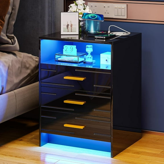 HNEBC Black Nightstand with Wireless Charging Station and Lights, 3 Drawers, Modern Bedside Table with Human Sensor for Bedroom