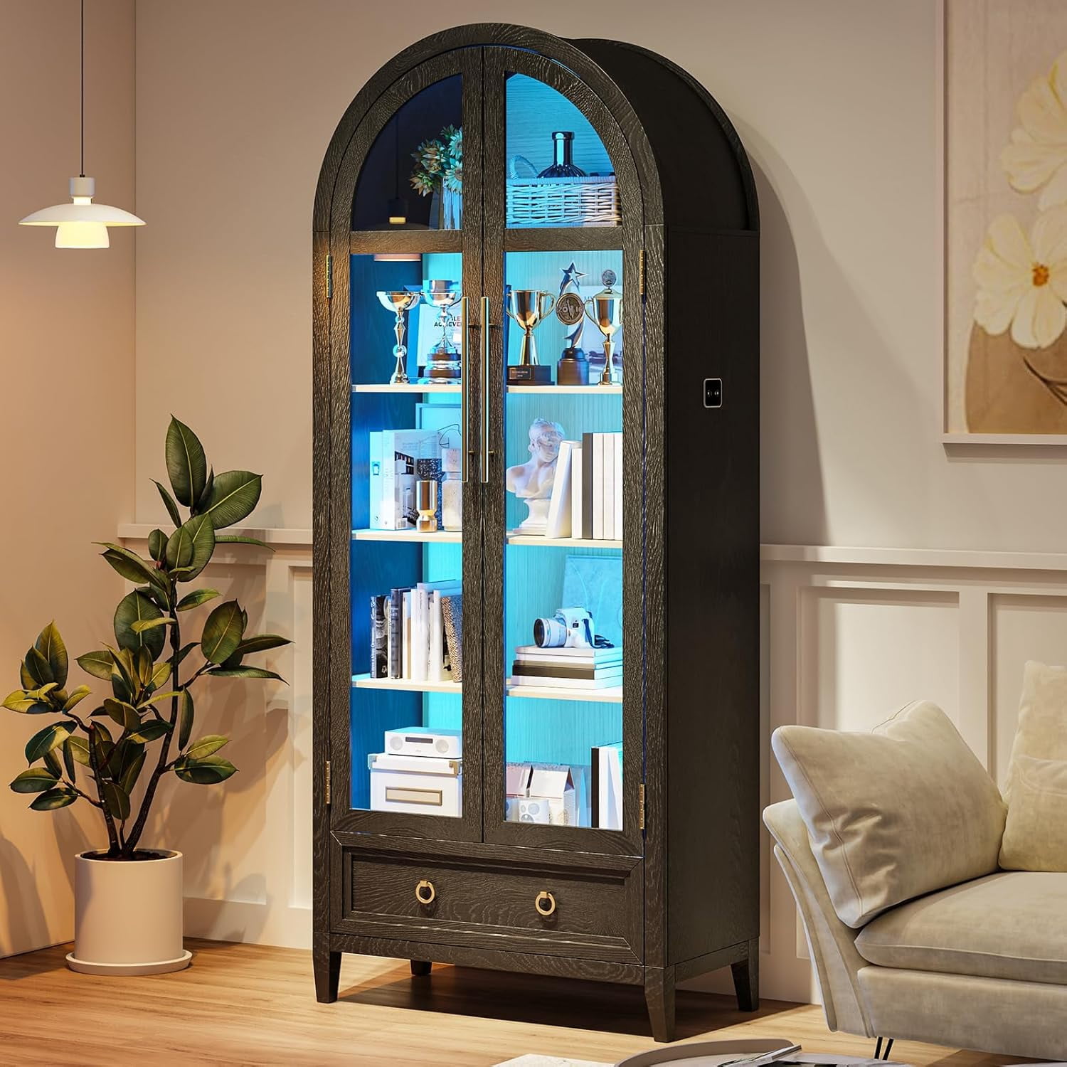 Smartwater Led Bookcase Rack HNEBC Book Shelf with LED Lights, Arched Display Case with Storage ...