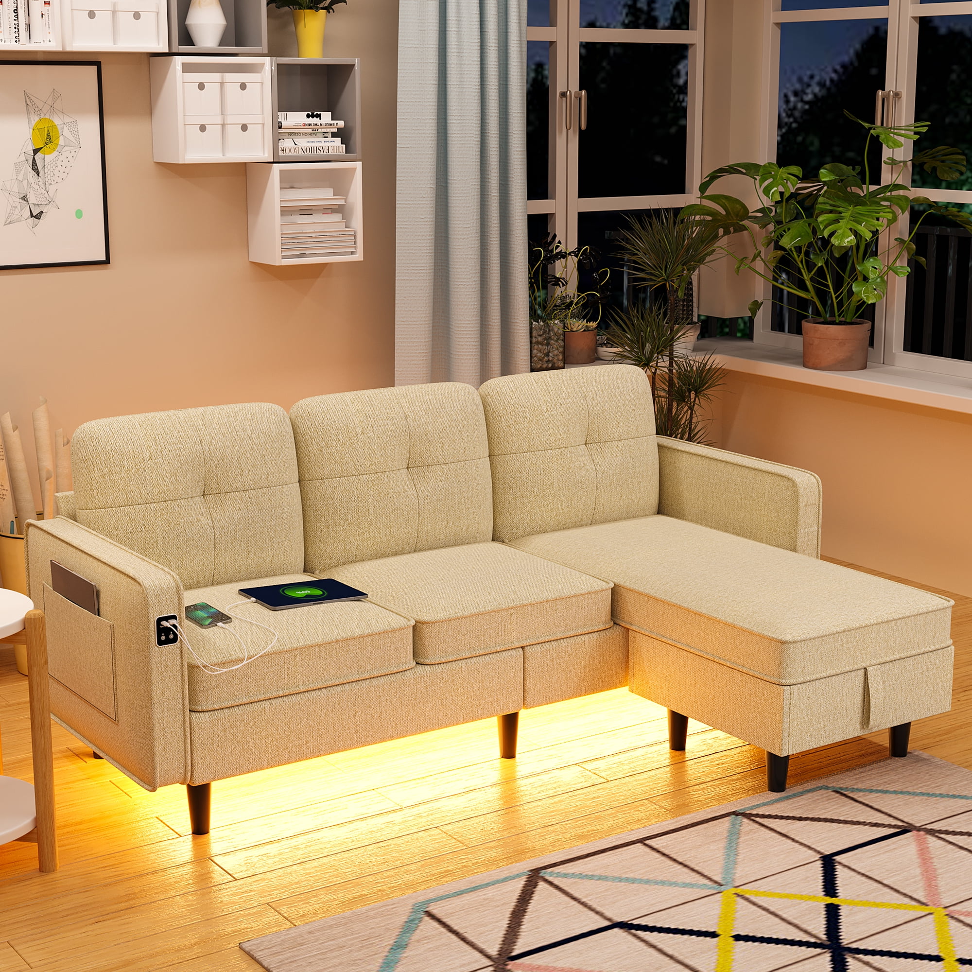 HNEBC Convertible Sectional Sofa Couch with LED Lights/USB/Type C Port