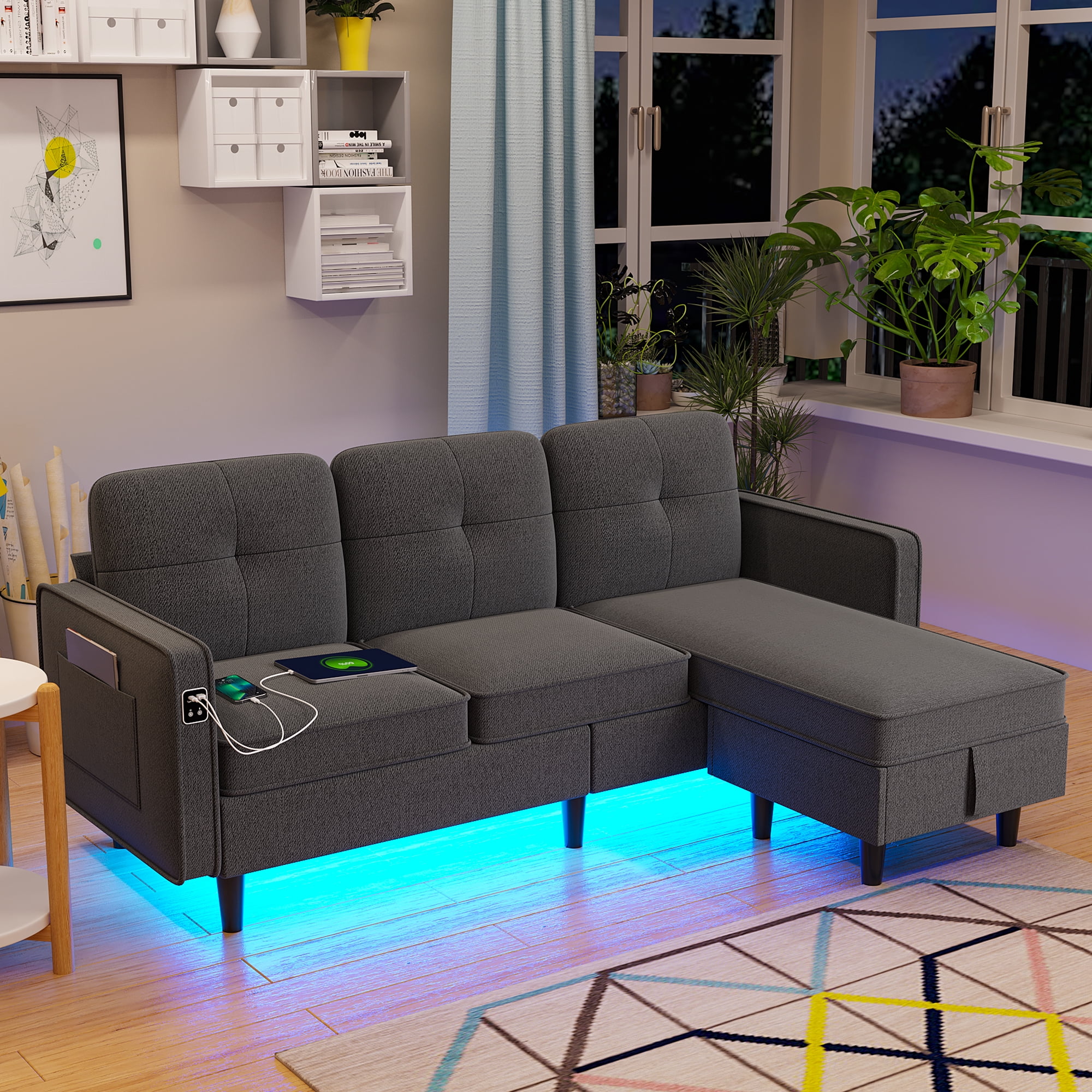 HNEBC Convertible Sectional Sofa Couch with LED Lights/USB/Type C Port
