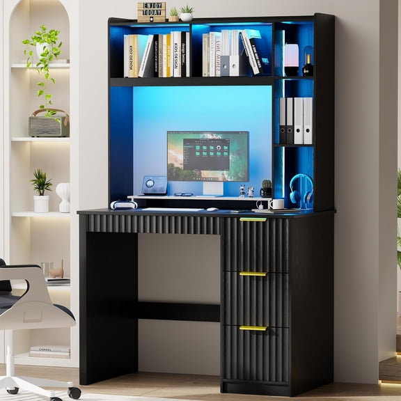 HNEBC Home Office Desk with Hutch and Drawers - 39" Standing Computer Desk with Charging Station&3 Color Lights,Hidden Compartment & Fluted Panel Design, LED Writing Desk for Bedroom, Study (Black)