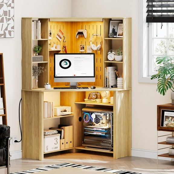 HNEBC Home Office Desk with Power Outlet & Chariging Station,L-Shaped Corner Desk with Pull-Out LED Lights,Computer Desk with Hutch & 10 Shelves,Pegboards for Work & Study,Natural
