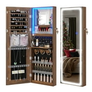 HNEBC Jewelry Cabinet with Mirror, Full Length Mirror with Storage, Wall Door Mount Jewelry Armoire with 3 Color Lights, LED Jewelry Organizer Box has Mirror Touch Lights Brown