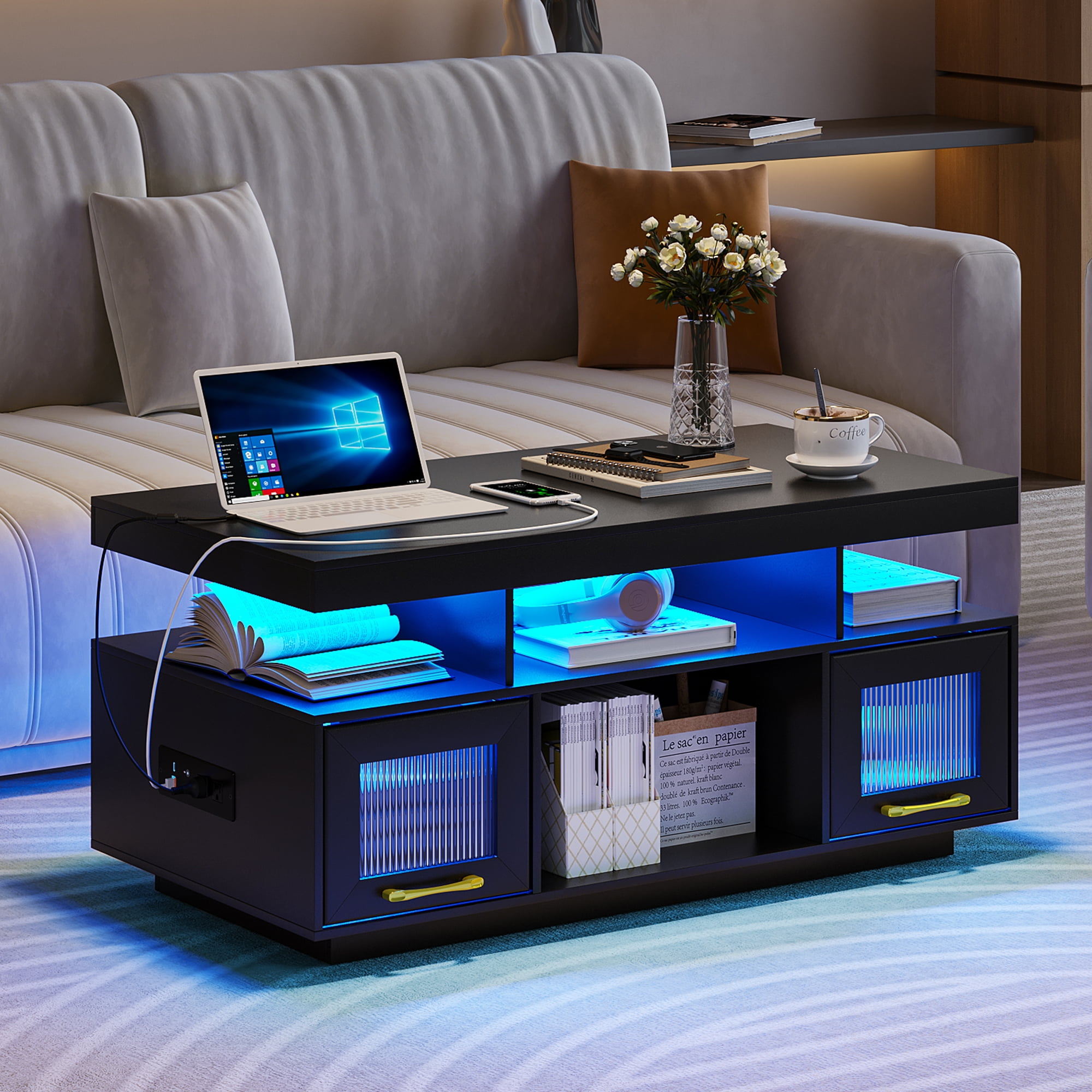 HNEBC LED Coffee Table with Storage＆Auto Sensor, Modern Coffee Tables