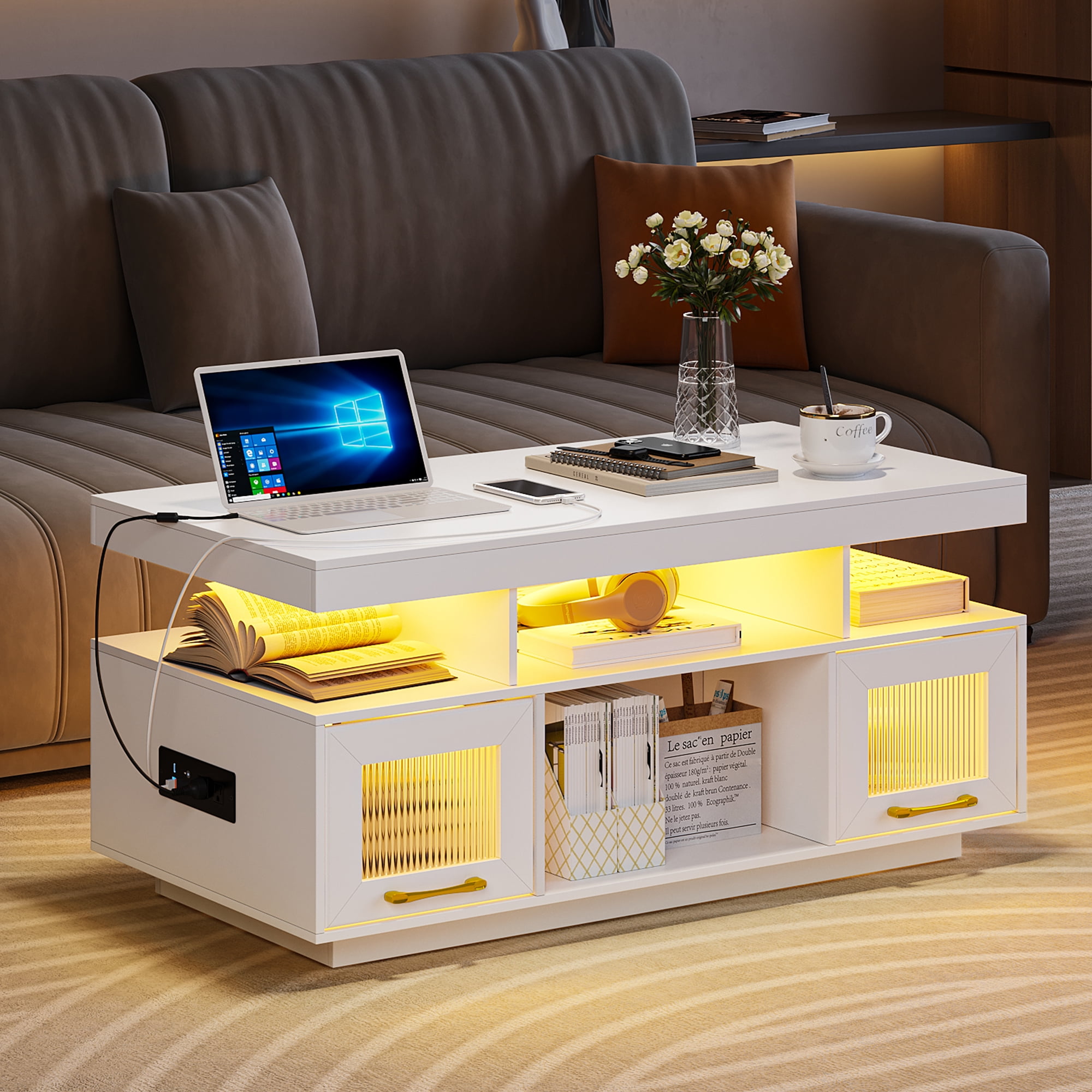 HNEBC LED Coffee Table with Storage＆Auto Sensor, Modern Coffee Tables
