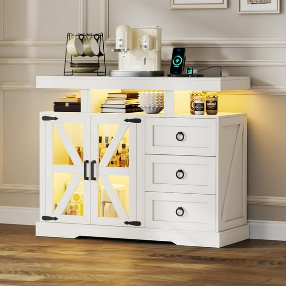 HNEBC LED Farmhouse Sideboard Buffet Cabinet with Storage, Wood Coffee Bar Station Table w/Charging Station, Large Kitchen Storage Cabinet w/Adjustable Shelf and 3 Drawers for Dining Room (White)