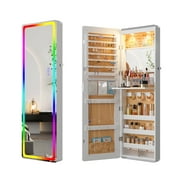 HNEBC LED Mirror Jewelry Cabinet with RGB Lights,47.2" Wall Mounted Jewelry Organizer with Full-Length Mirror, Jewelry Armoire Storage Cabinet,Folding Dresser,2 Drawers,Lockable,White