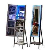 HNEBC LED Mirror Jewelry Cabinet Standing, Lockable Jewelry Armoire organizer Full Length Mirror with Storage, Adjustable Lights Jewelry Mirror Brown