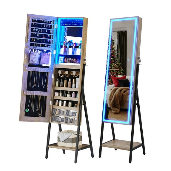 HNEBC LED Mirror Jewelry Cabinet Standing, Lockable Jewelry Armoire organizer Full Length Mirror with Storage, Adjustable Lights Jewelry Mirror Wood