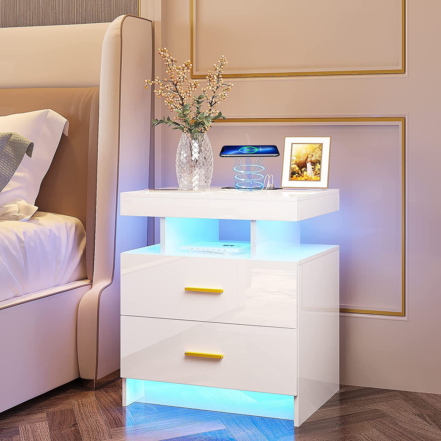 HNEBC LED Nightstand Beside Table with 2 USB Ports & Wireless Charging Station Floating Nightstand with 3 Color & Adjustable Brightness for Bedroom-White