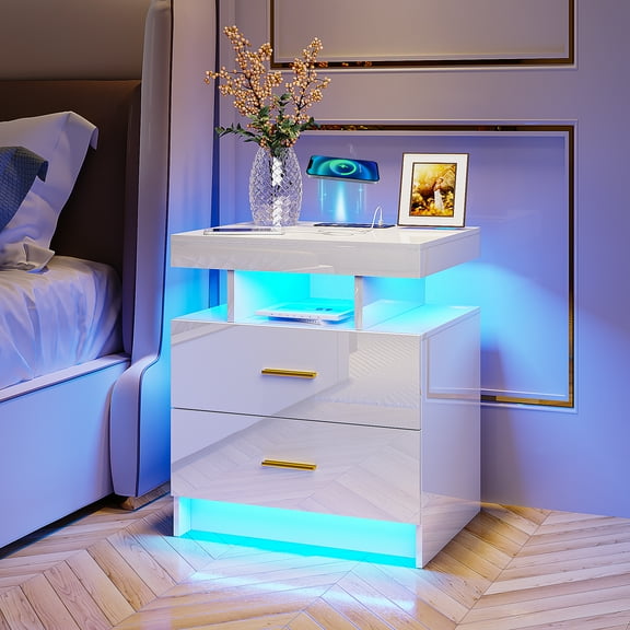 HNEBC LED Nightstand Beside Table with 2 USB Ports & Wireless Charging Station Floating Nightstand with 3 Color & Adjustable Brightness for Bedroom-White