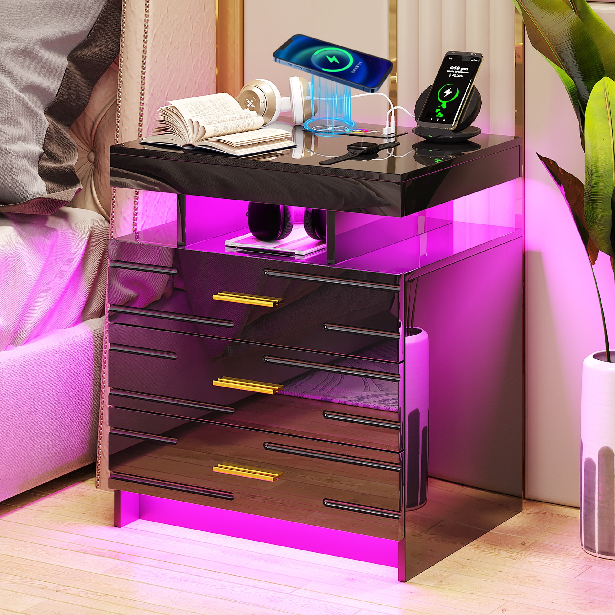 HNEBC LED Nightstand,Black Nightstand with Charging StationUSB+TypeC