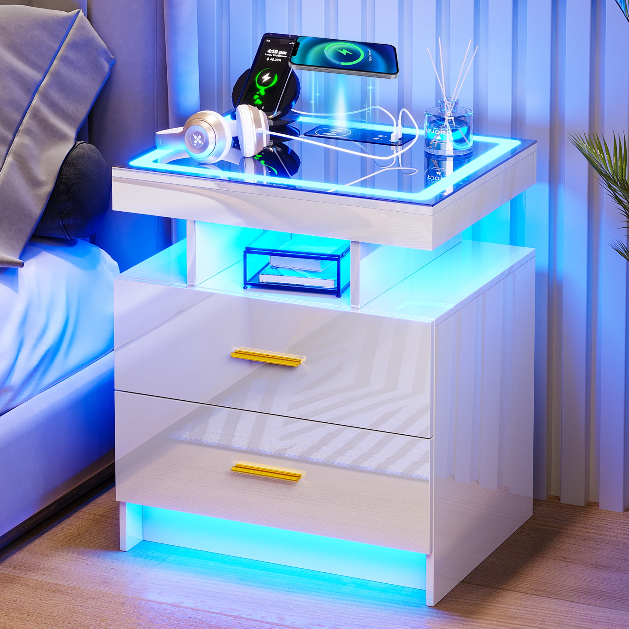 HNEBC LED Nightstand with Charging Station & USB Ports, Smart