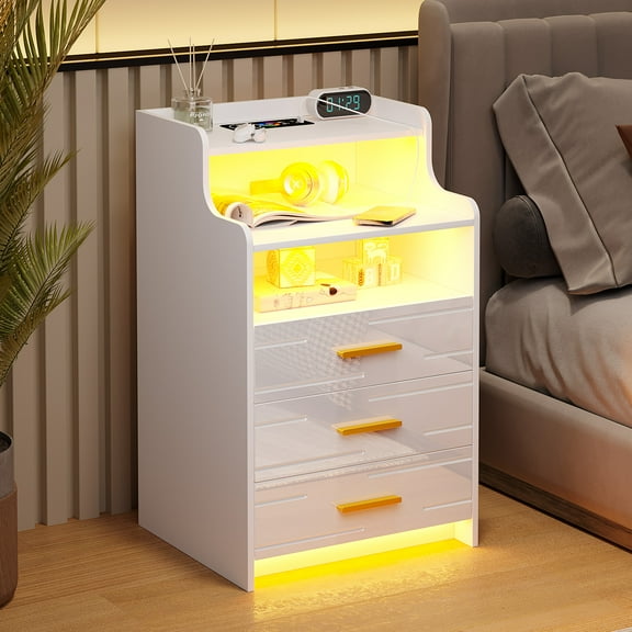 HNEBC LED Nightstand with Charging Station, White Nightstand with 3 Drawers, Smart Nightstand has Wireless Charging/USB Ports, Modern Bedside Table with Sensor Light for Bedroom Furniture (White)
