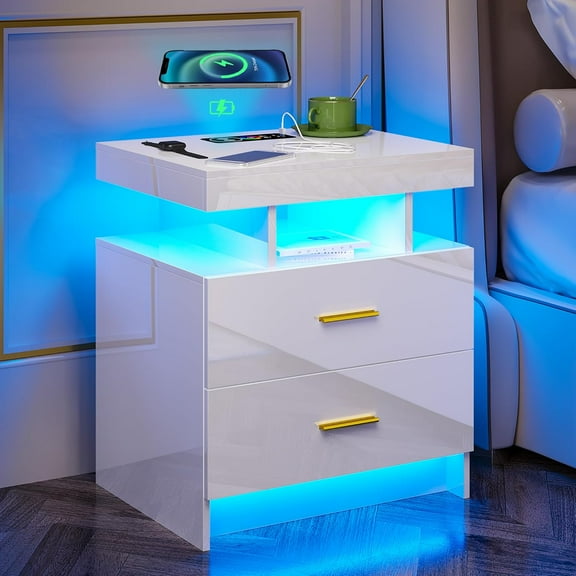 HNEBC LED Nightstand, RGB White Night Stand with USB/Wireless Charging Station, Modern Bedside Table has Auto Sensor RGB Lights, End Side Table with 2 Drawer for Bedroom Furniture, White