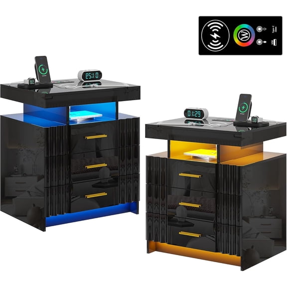 HNEBC LED Nightstand Set of 2,Black Night Stand with Charging Station-USB+Type-C+Wireless Charging,Smart Bedside Table has Auto Sensor, High Gloss Bedside with 3 Drawers for Bedroom