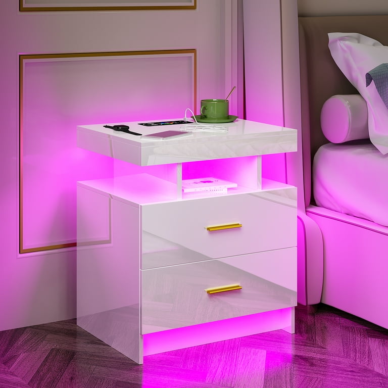 HNEBC LED Nightstand with Wireless Charging Station & USB Ports,High Gloss Bedside  Tables with 2 Drawers,Floating Nightstand with 24 Color & Adjustable  Brightness Embedded LED Light Strip 