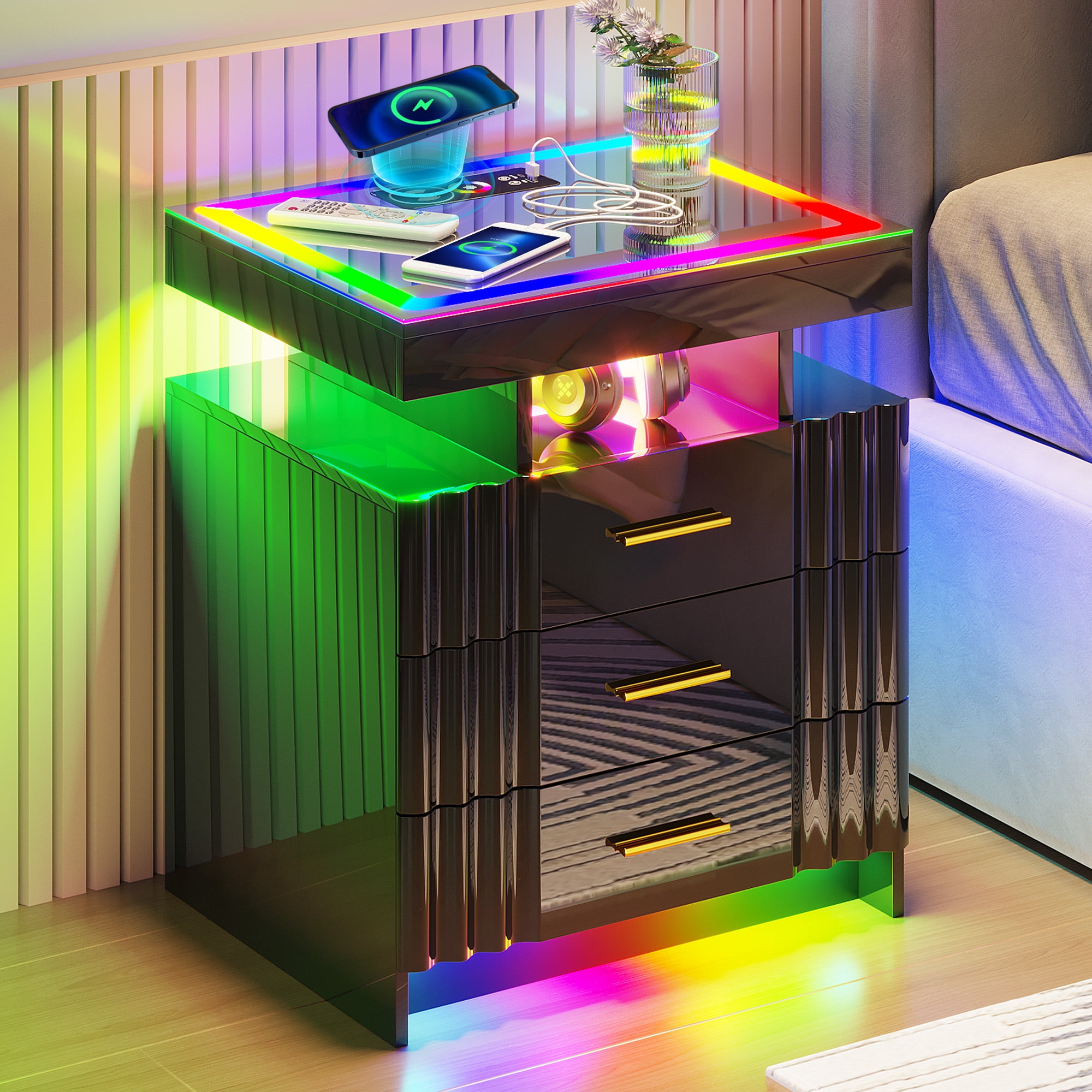 HNEBC LED Nightstand with Mirror Top Plate,Bedside Table with USB+Type