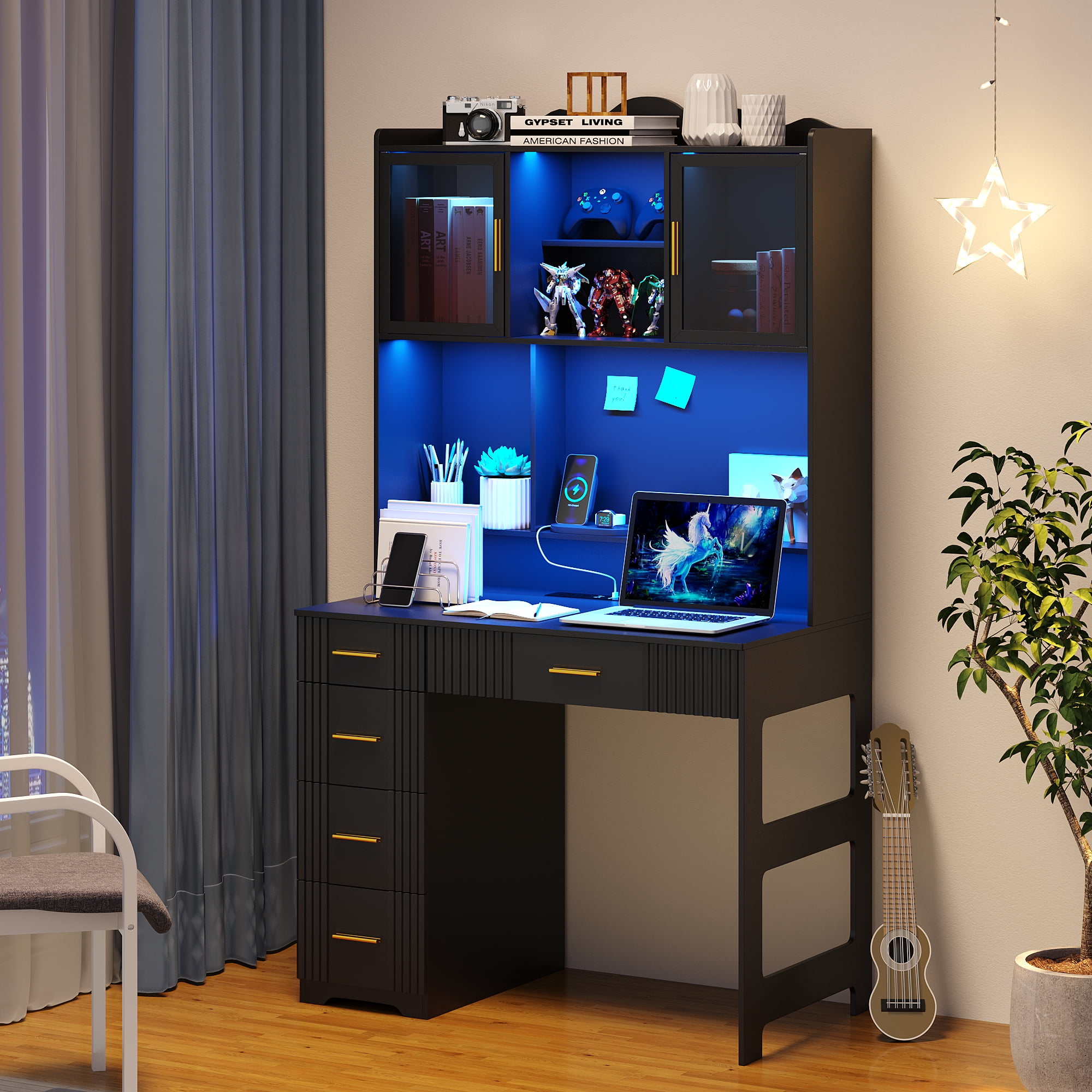 HNEBC LED Study Desk with Hutch and Drawer, Home Office Desk with Outlet, Computer Desk with