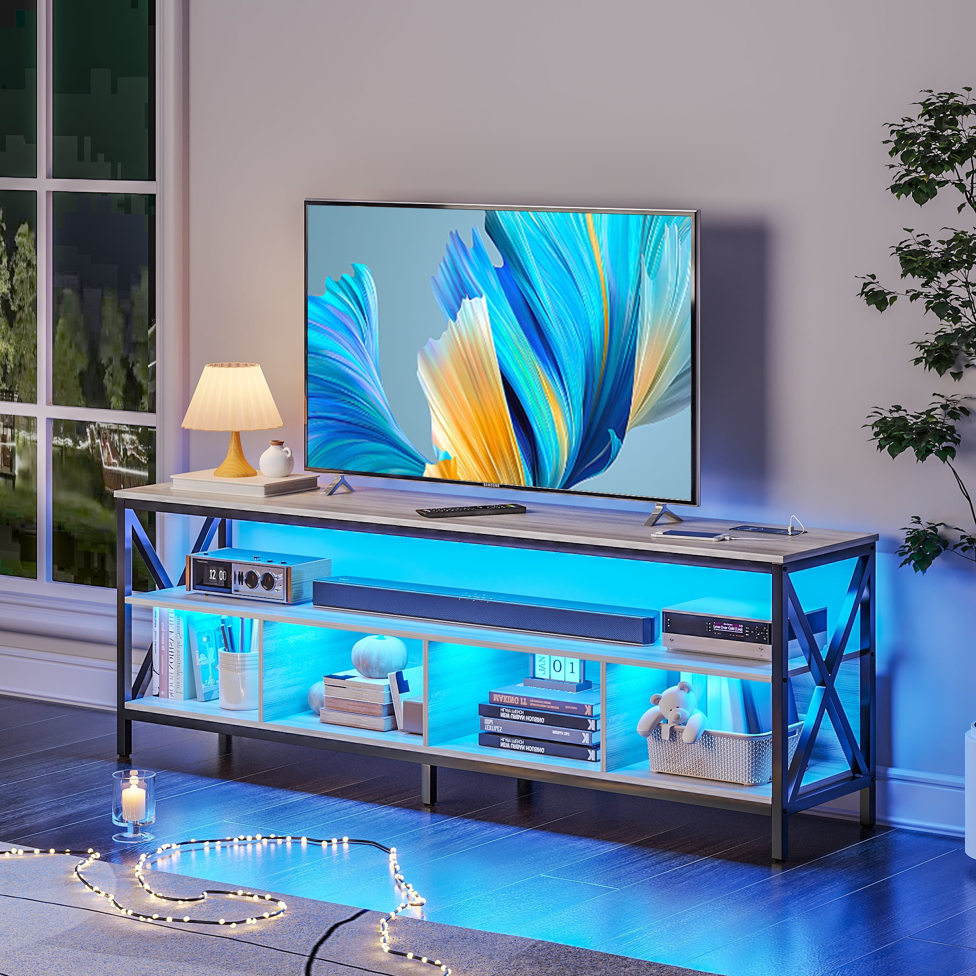HNEBC 75 Inch LED TV Stand with Charging Station, 3 Color Lights, Body
