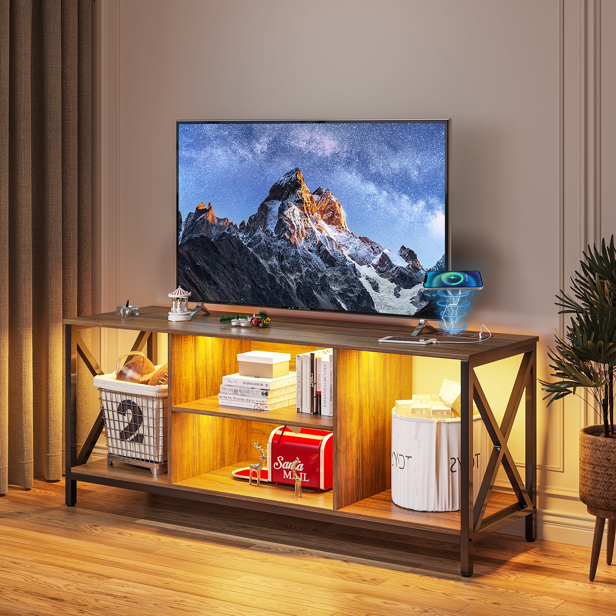 HNEBC LED TV Stand Brown TV Stand with USB/Wireless Charging Station TV