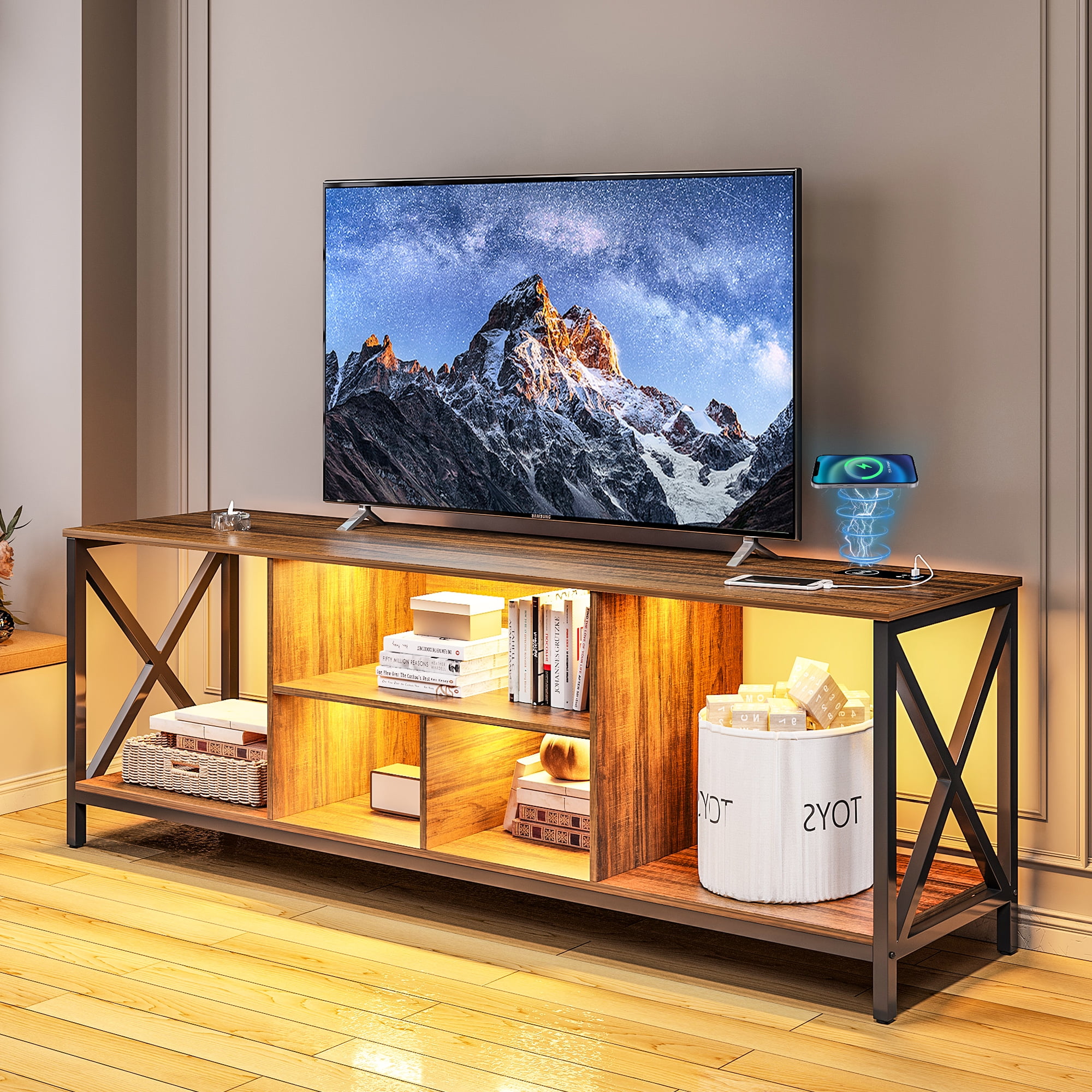 HNEBC LED TV Stand with USB/Wireless Charging Station,Television Stands  with Auto Induction/Adjustable LED Lights,TV Stand for 75+ inch TV and  Storage Cabinet Suitable for Living Room(Brown) 