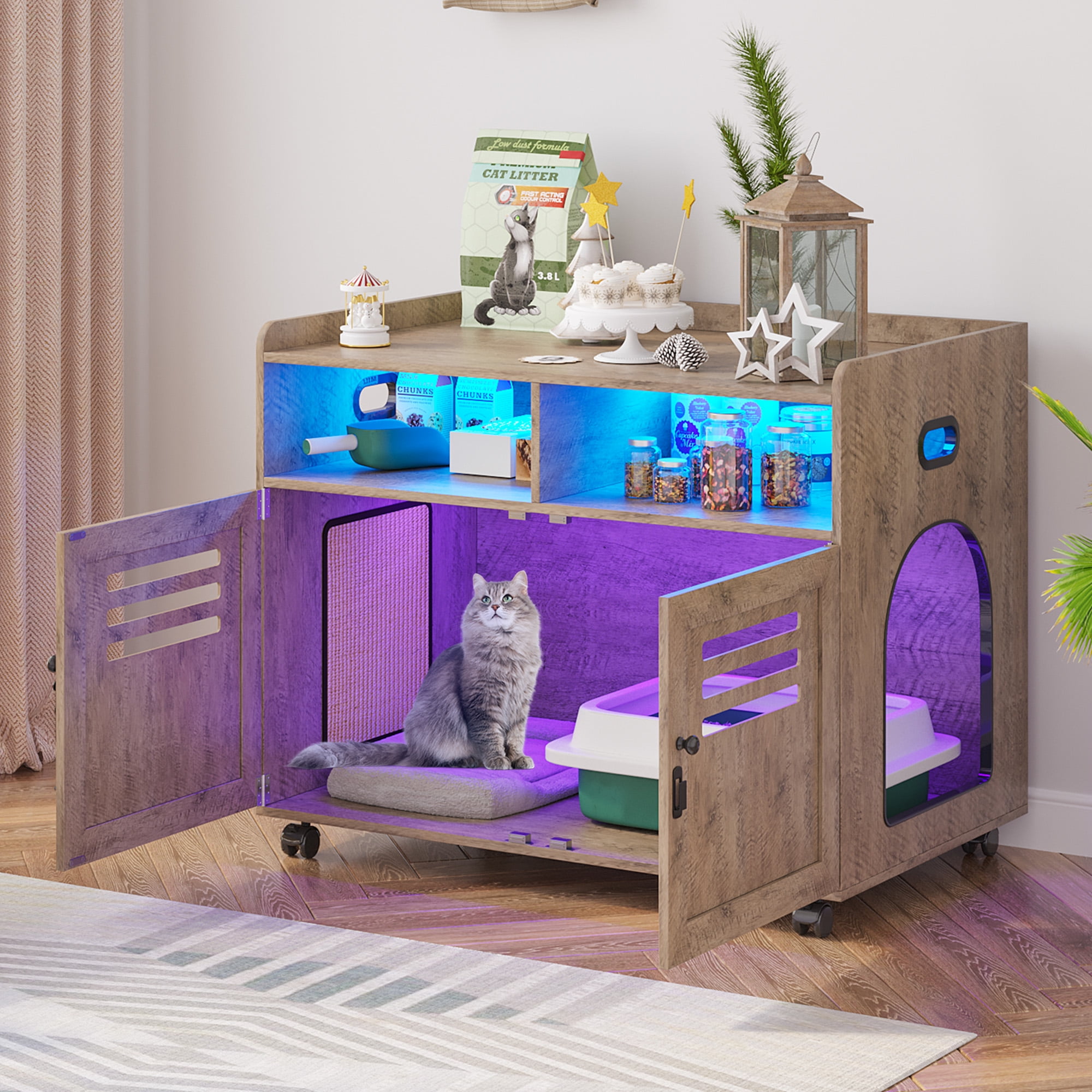 HNEBC Litter Box Enclosures, Litter Box Enclosure Furniture, Hidden Litter Box Furniture, Cat Cage has 2 Open Drawers, Wooden Cat House