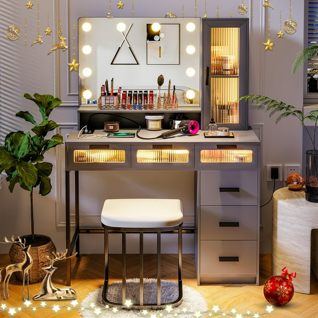HNEBC Makeup Vanity with Lights, Vanity Makeup Desk with Charging