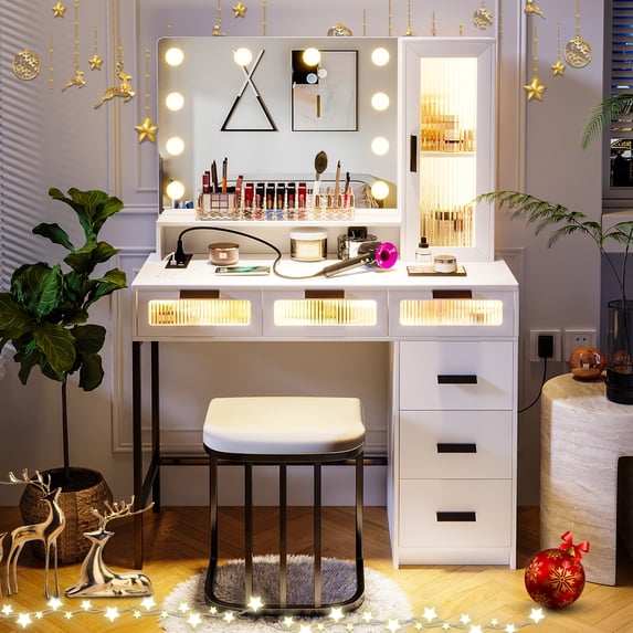 HNEBC Makeup Vanity with Lights, Vanity Makeup Desk with Charging Station,Vanity Table Set with Vanity Mirror, Vanitys with 6 Drawers/Stool, with Senser Mode Dressing Table, White