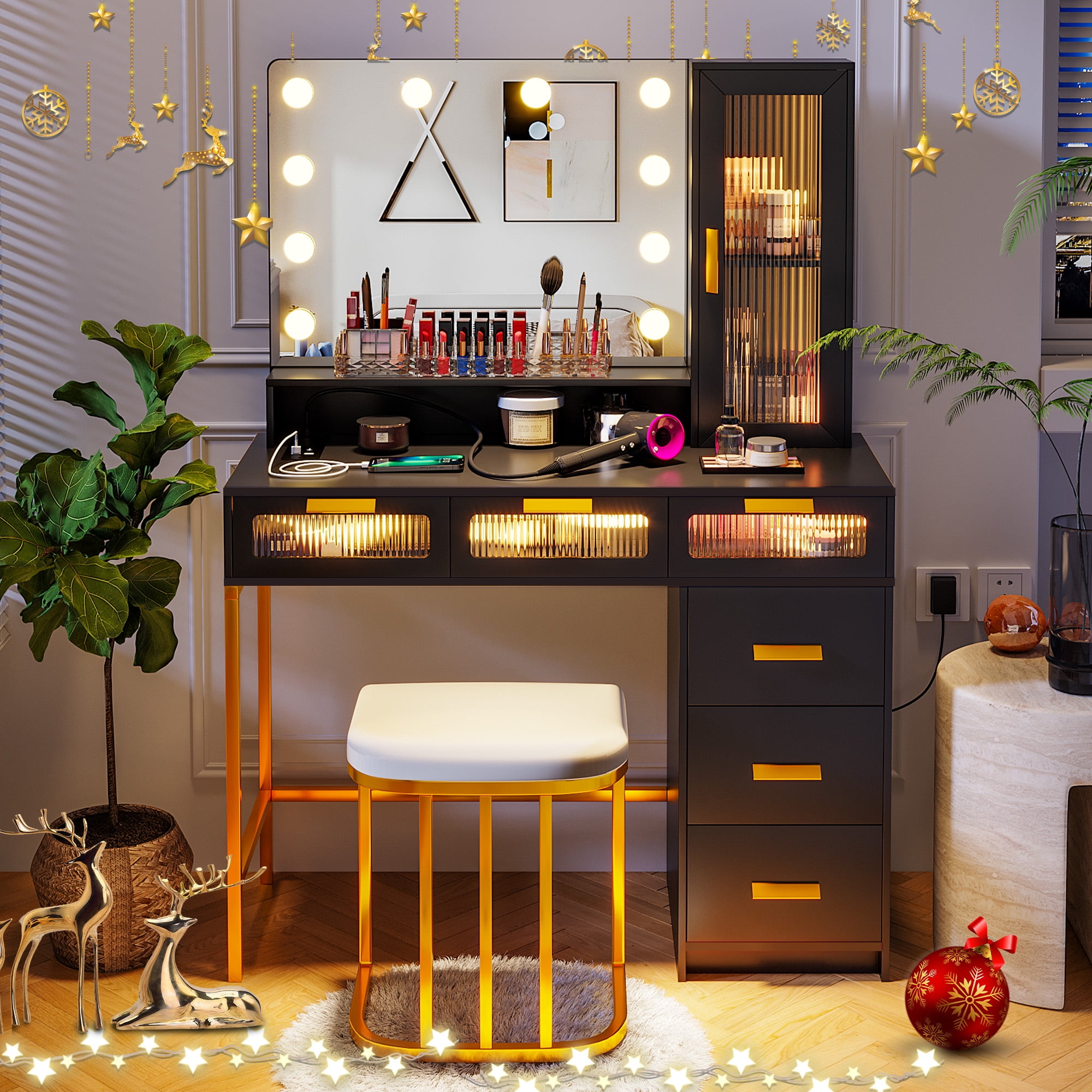 HNEBC Makeup Vanity with Lights, Vanity Makeup Desk with Charging