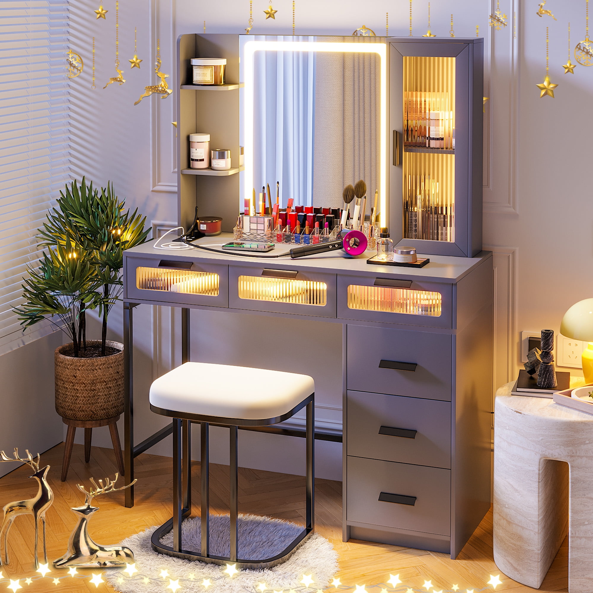 HNEBC Makeup Vanity with Lights, Vanity Table Set with LED Mirror