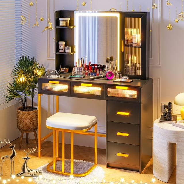 HNEBC Makeup Vanity with Lights, Vanity Table Set with LED Mirror