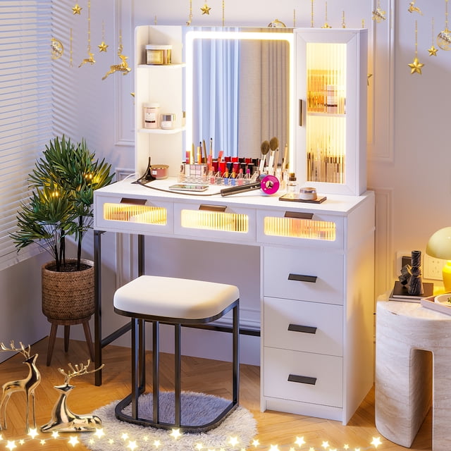HNEBC Makeup Vanity with Lights, LED Mirror, 6 Drawers/Stool, Charging ...