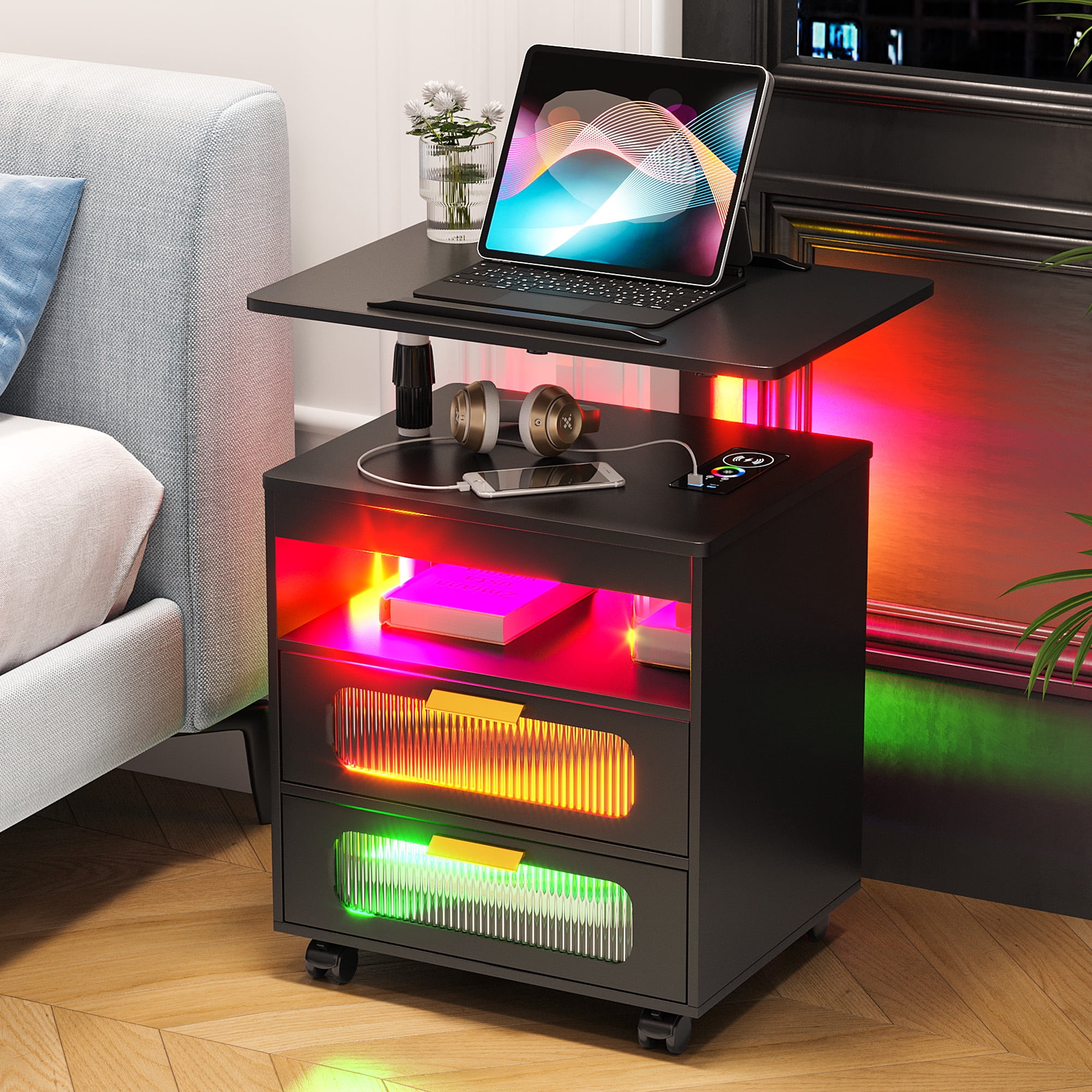 HNEBC Modern Bed Side Table with RGB Dazzling Lights, LED Nightstand ...