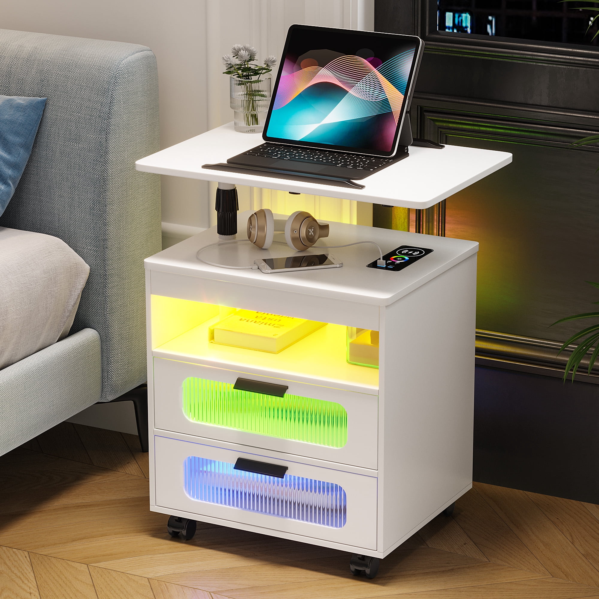 HNEBC Modern Bed Side Table with RGB Dazzling Lights, LED Nightstand ...