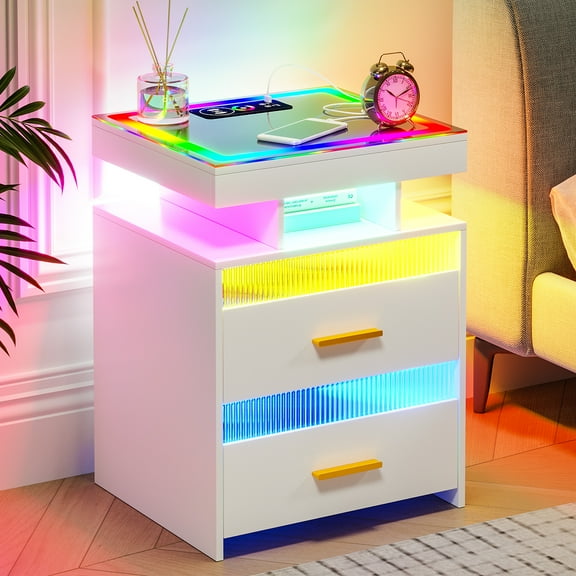 HNEBC Night Stand with Charging Station (Wireless,USB,Type-C), White LED Nightstand with RGB Dynamic Lighting, Smart Bedside Table with 2 Drawer