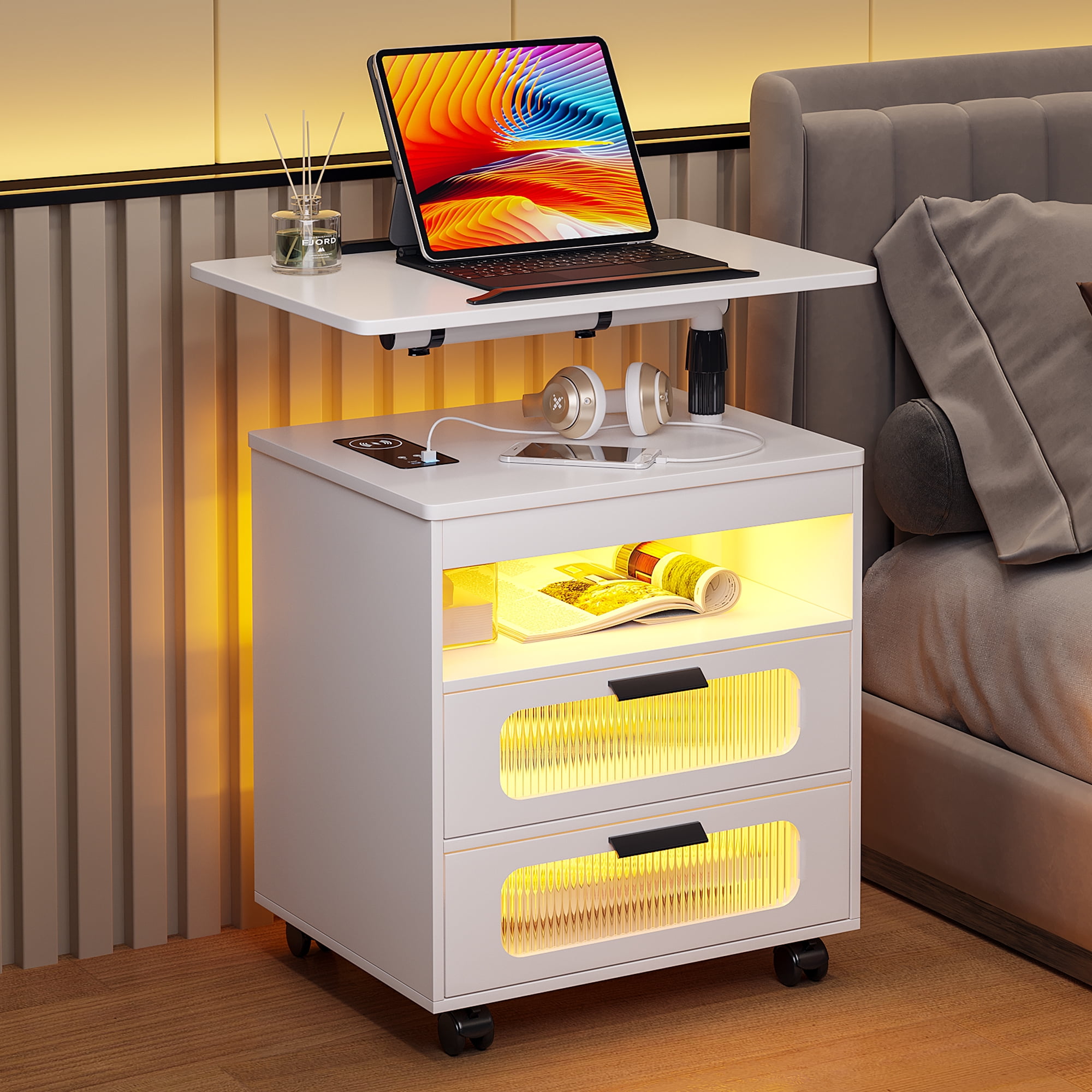 HNEBC Nightstand with Wireless Charging Station, LED Nightstand Has