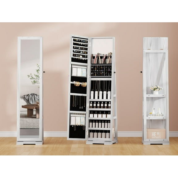HNEBC OUTDOOR DOIT 360° Rotating 66'' Jewelry Armoire with Lockable,Full Length Mirror Large Capacity Jewelry Organizer Armoire,Floor Standing Mirror with Back Storage Shelves for Bedroom, Cloakroom