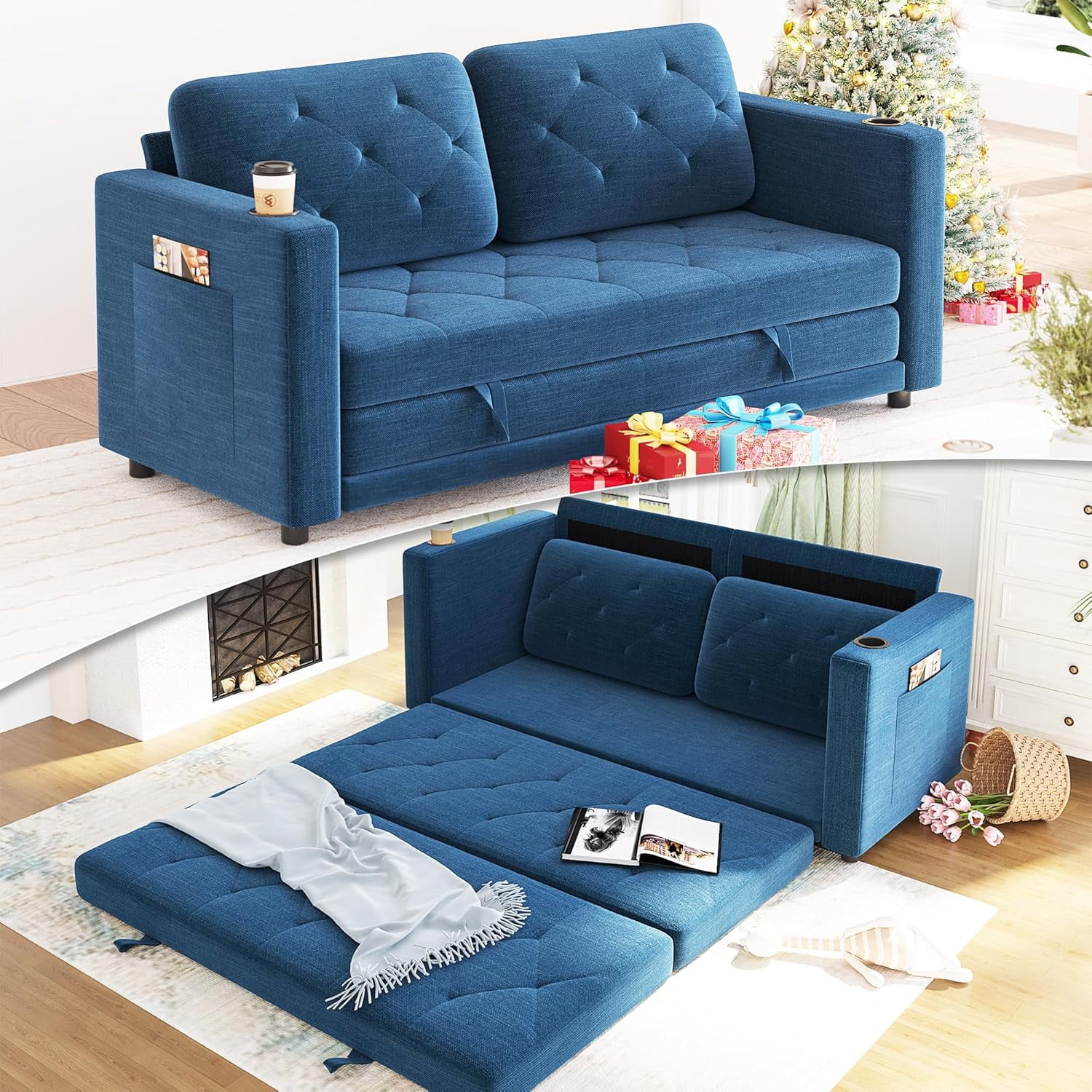 HNEBC Pull Out Sleeper Sofa, Loveseat Futon Sofa Bed with Side Pockets