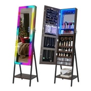 HNEBC RGB LED Mirror Jewelry Cabinet,Standing Jewelry Armoire Organizer Full Length Mirror with Storage, Lockable Jewelry Mirror with 14 Lighting Modes, Brown