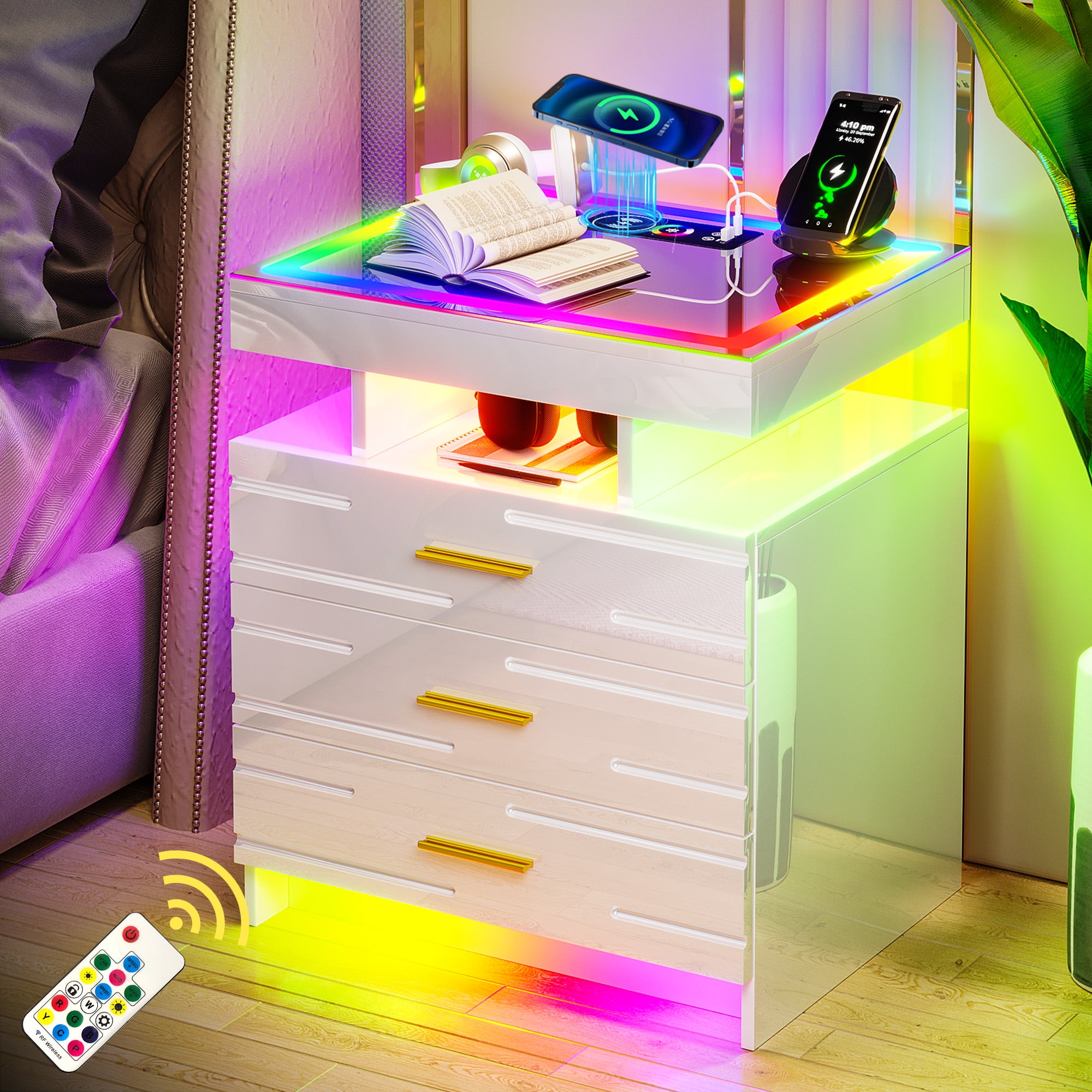 HNEBC RGB LED Smart Nightstand with USB Charging Station, 3 Drawers ...