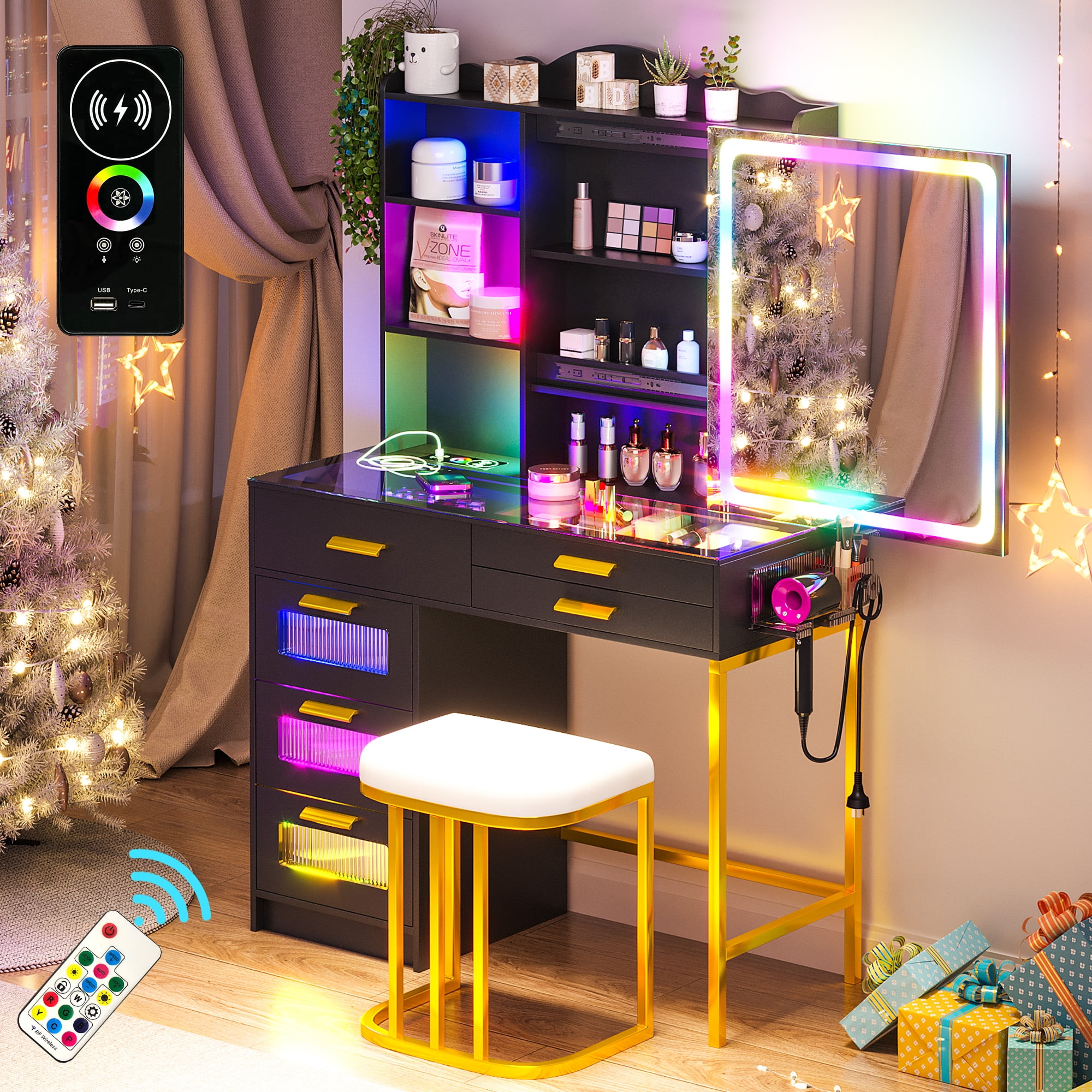HNEBC RGB Makeup Vanity with Mirror Lights, Sliding Mirror Vanity Desk with Glass-Top Design,Women White Vanity for Bedroom,7 Dynamic Vanity Table Set with Storage Cabinet and Cushion Stool (Black)
