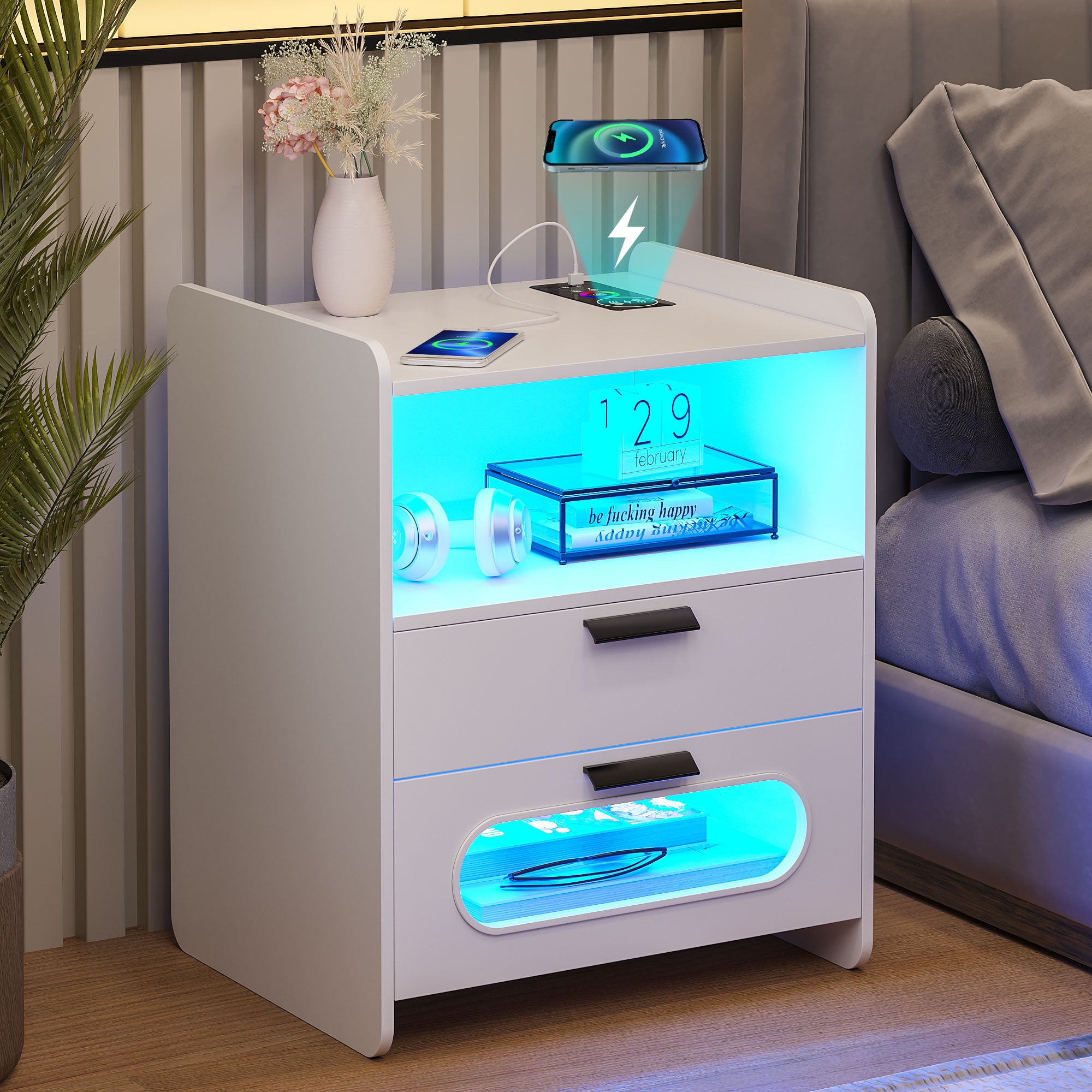 HNEBC RGB Nightstand with Wireless Charging Station & USB Modern Smart