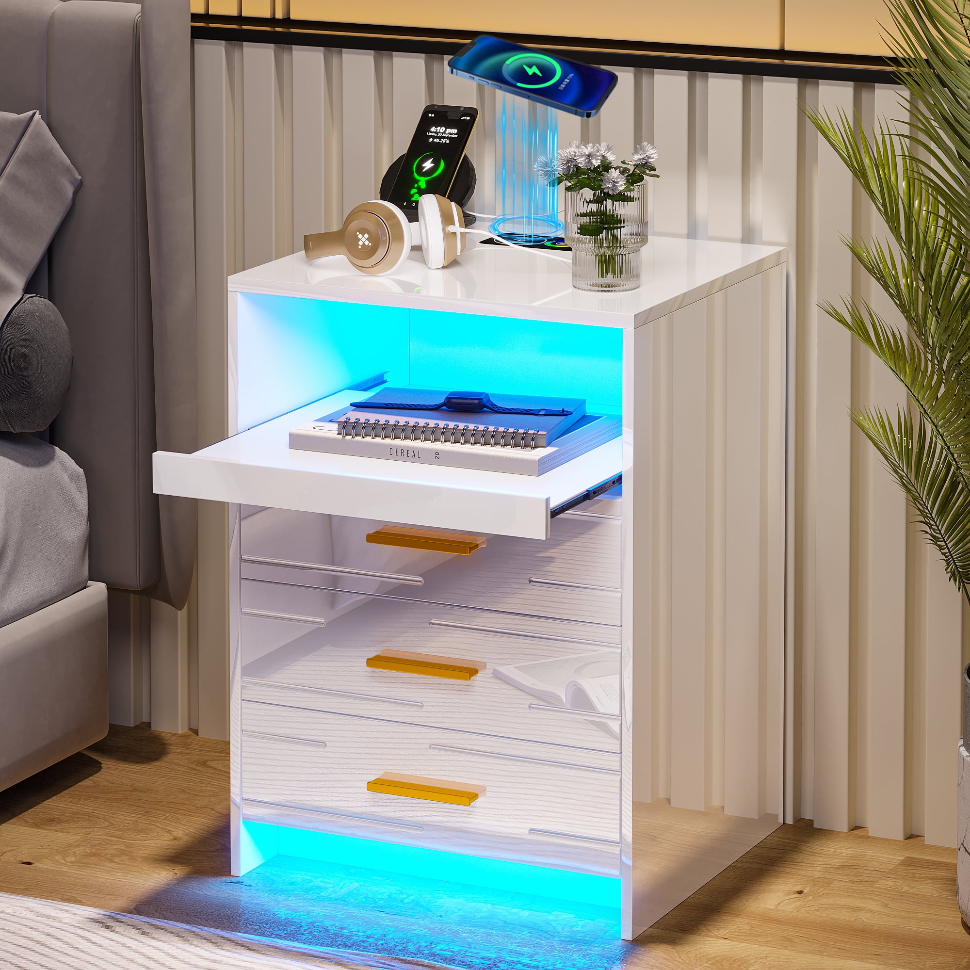 White High Gloss LED Nightstand with Wireless Charging and 3 Drawers