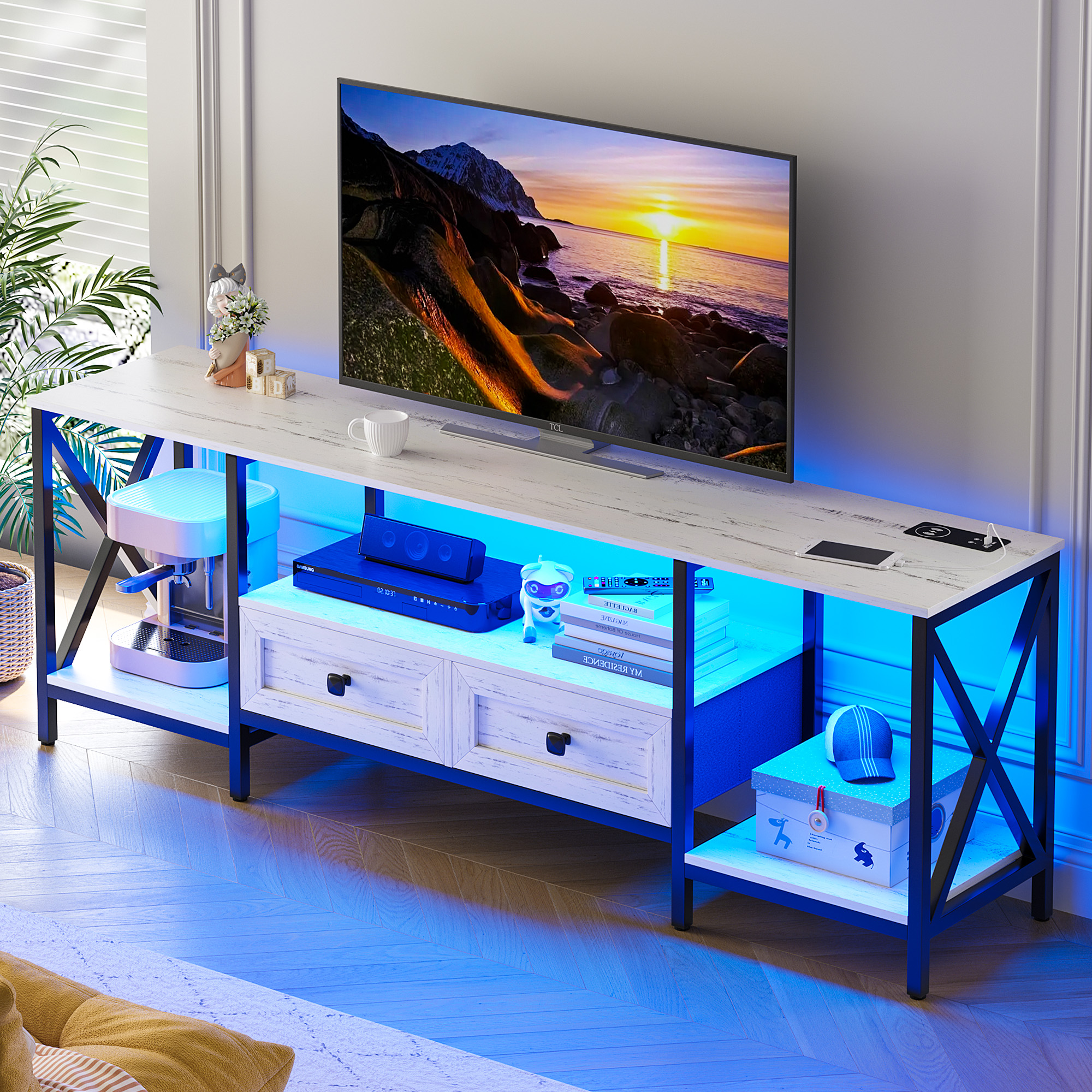 HNEBC 70.8"L TV Stand for 75 inch TV with LED Lights,Entertainment