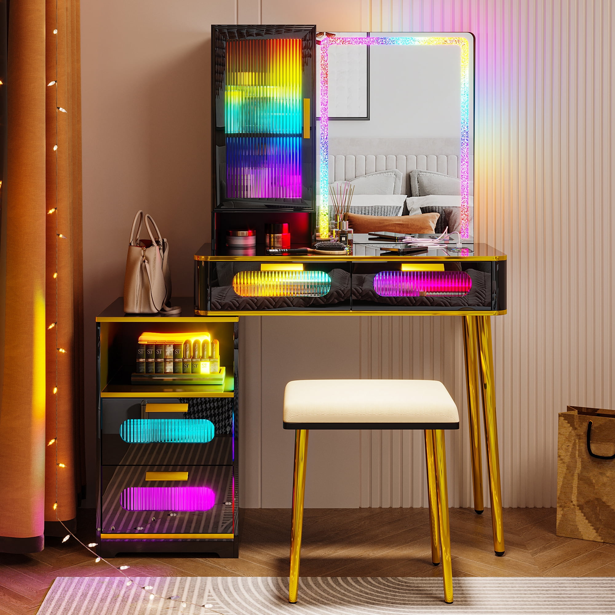 HNEBC Vanity Desk with Mirror and Lights, RGB LED Makeup Vanity Table with  Charging Station, 7 Dynamic and 24 Static Dimmable Vanity Set, Dressing  Table with Body Sensor Light (White) 