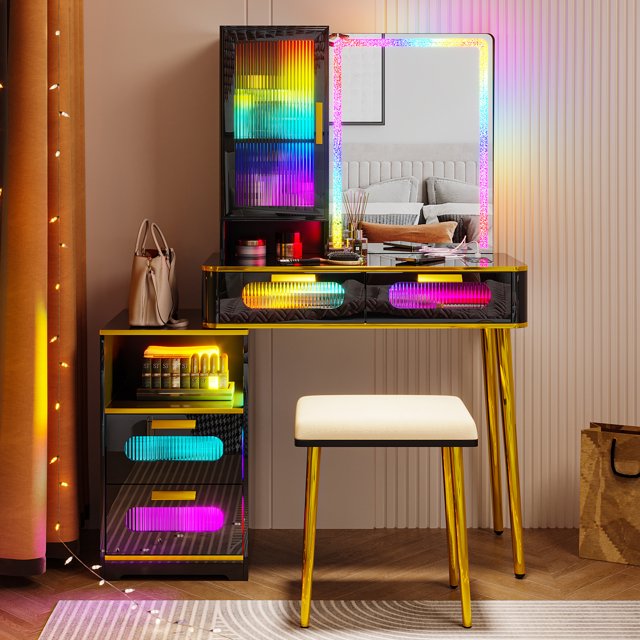 HNEBC Black Vanity Desk with Mirror, Lights & USB Ports, RGB LED Makeup