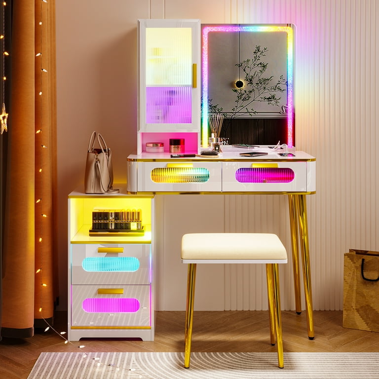 Lvifur RGB Makeup Vanity Table with Mirror and Lights, Glass Top Vanity  Desk with 24 Color Dimmable Lights, Auto Sensor Dressing Table with  Wireless Charging and Stool